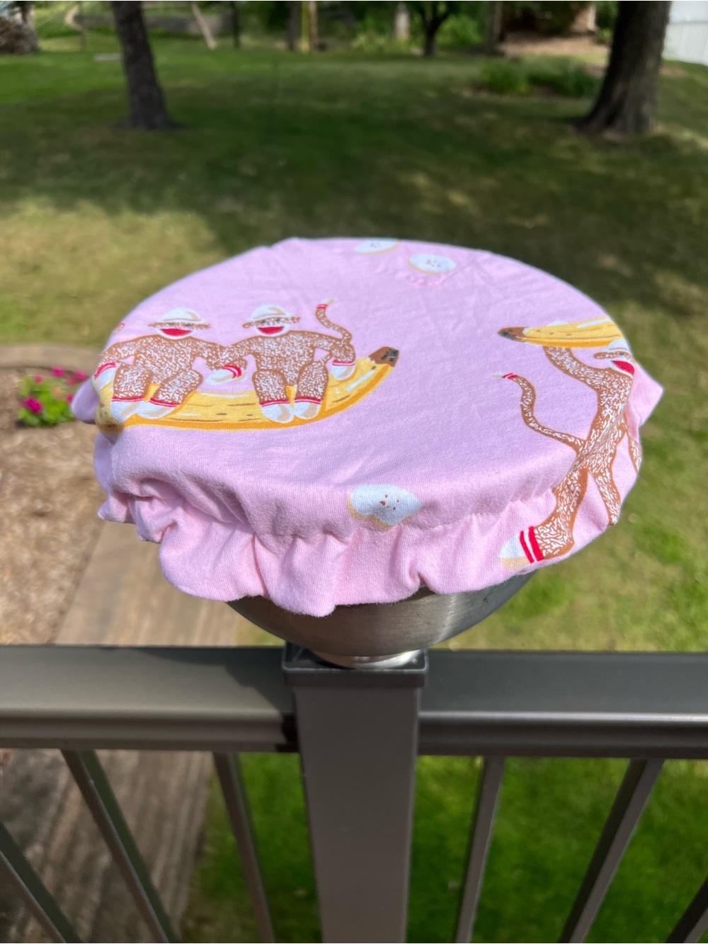 Hand sewn Pink Sock Monkey and Banana Kitchen aid standard mixing bowl cover